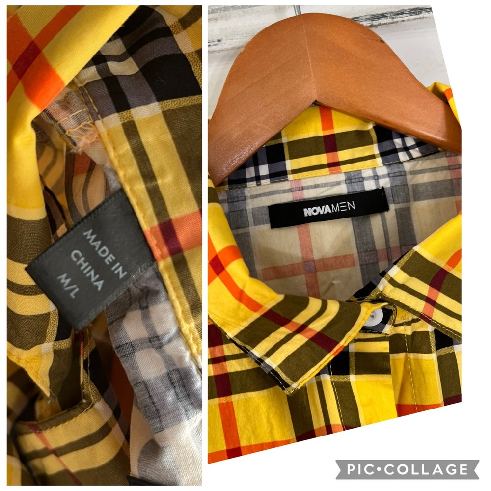 NOVA MEN’S PLAID BUTTON DOWN SHIRT YELLOW ORANGE BLACK CUFF DETAIL - Picture 4 of 6
